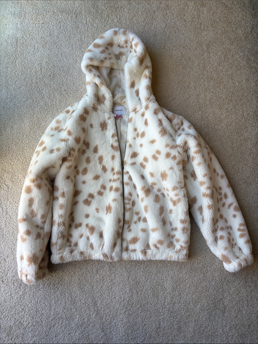 Nine West Cream Faux Fur Hooded Jacket with Tan Accents